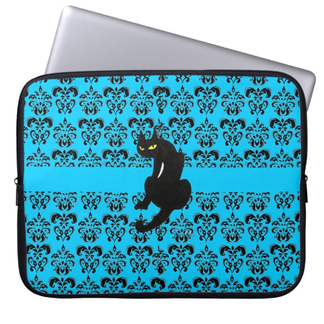 BLACK CAT DAMASK blue black Laptop Sleeve (Front)