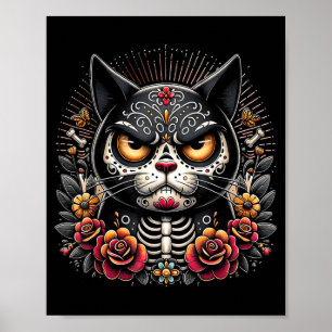 Black Cat Dia De Los Muertos Grumpy Black Cat Poster