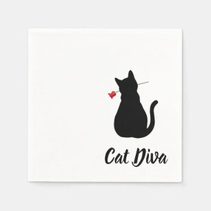 Black Cat Diva Silhouette Red Rose Pet Lover Napkin