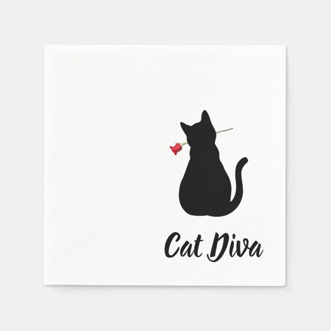 Black Cat Diva Silhouette Red Rose Pet Lover Napkin (Front)