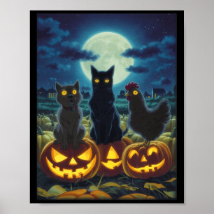 Black Cat Dog Chicken Halloween Pumpkin Spooky Poster