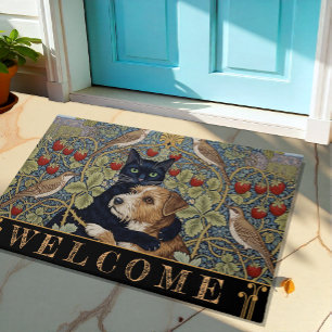 Black Cat & Dog Embrace, Floral New Vintage Art Doormat