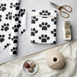 Black cat dog paw print cute on white  wrapping paper