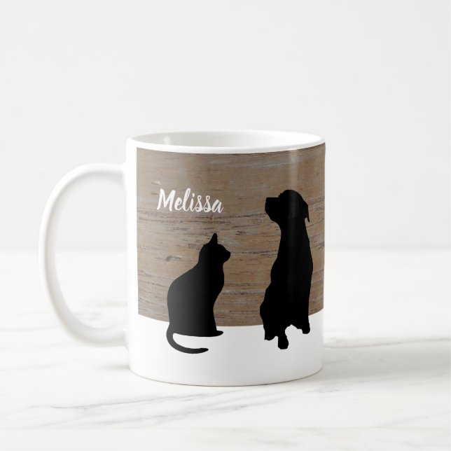 Black Cat dog silhouettes on wood personalised Coffee Mug (Left)