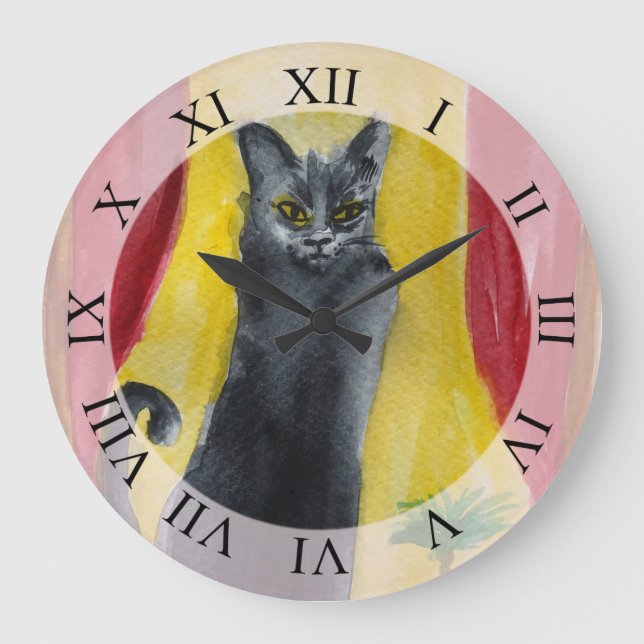 Black Cat drawing  Large Clock (Front)