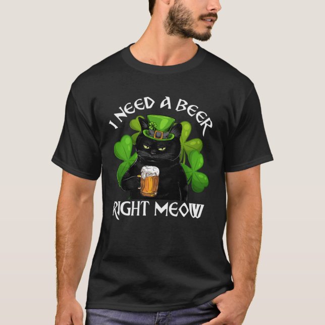 Black Cat Drinking Beer St Patricks Day For Irish  T-Shirt (Front)