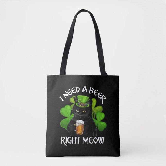 Black Cat Drinking Beer St Patricks Day For Irish Tote Bag (Front)