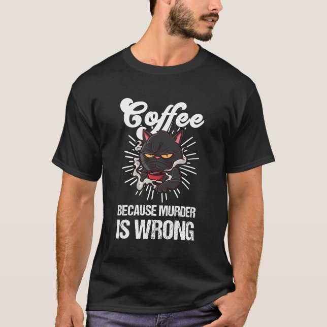 Black Cat Drinking Coffee Cat Coffee T-Shirt (Front)