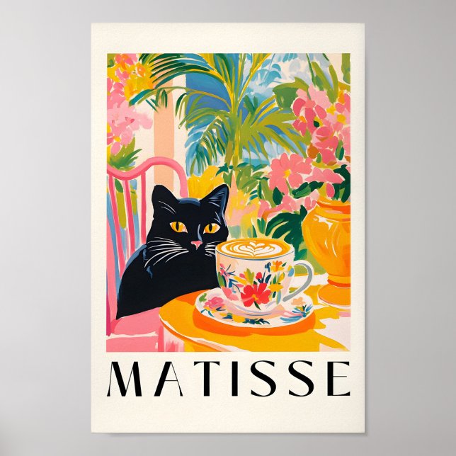 Black Cat Drinking Coffee, Funny Kitchen Poster Es (Front)