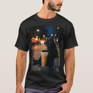 Black Cat Drinking Iced Coffee Funny Animal Meme C T-Shirt