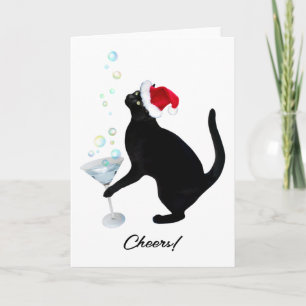 Black Cat Drinking Martini Holiday Card