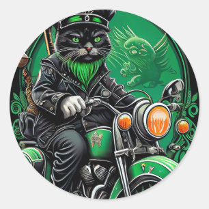 Black Cat driving bike St. Patrick's Day Classic Round Sticker