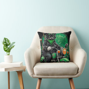Black Cat driving bike St. Patrick's Day Cushion