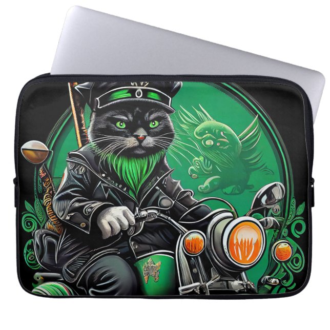 Black Cat driving bike St. Patrick's Day Laptop Sleeve (Front)