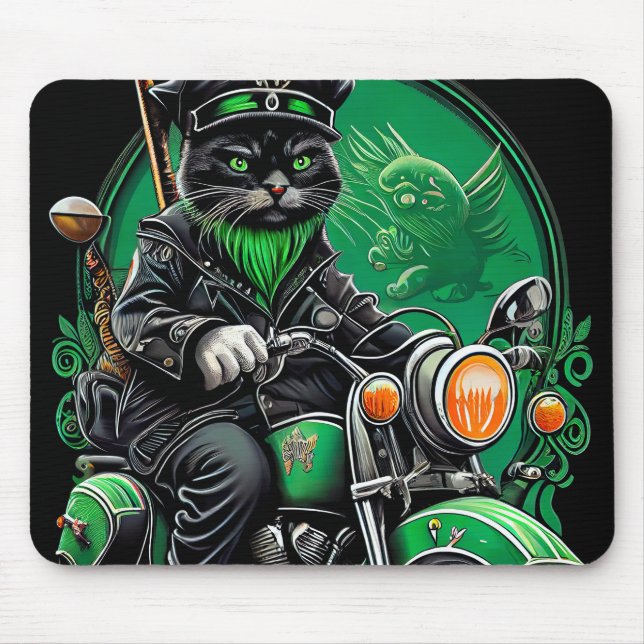 Black Cat driving bike St. Patrick's Day Mouse Mat (Front)