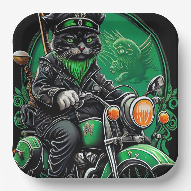Black Cat driving bike St. Patrick's Day Paper Plate (Front)