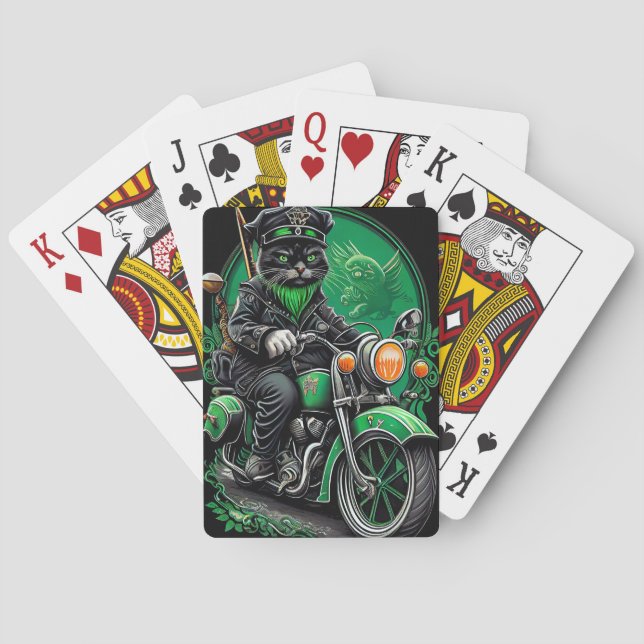 Black Cat driving bike St. Patrick's Day Playing Cards (Back)