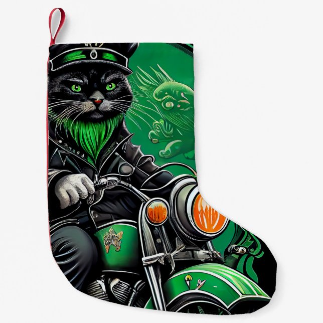 Black Cat driving bike St. Patrick's Day Small Christmas Stocking (Front)