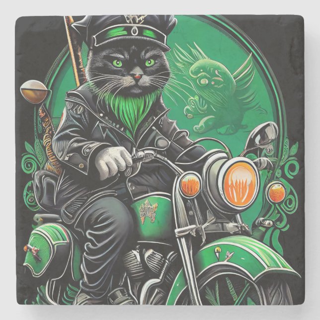 Black Cat driving bike St. Patrick's Day Stone Coaster (Front)