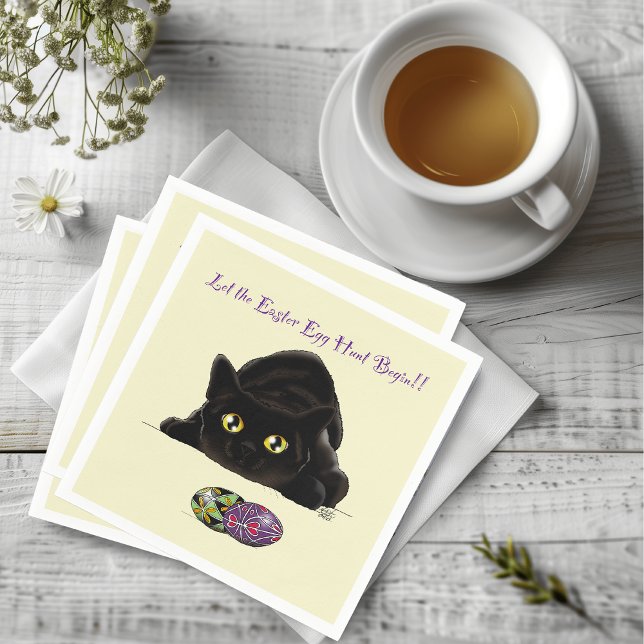 Black Cat Easter Eggs Hunt Holiday Yellow Napkin (Creator Uploaded)