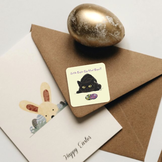 Black Cat Easter Eggs Hunt Holiday Yellow Square Sticker (Creator Uploaded)