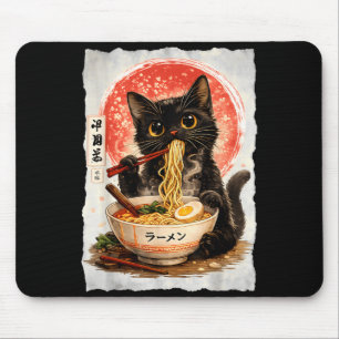 Black Cat Eating Ramen Cute Kawaii Anime Cat Mouse Mat