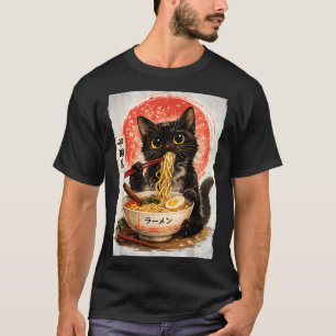 Black Cat Eating Ramen Cute Kawaii Anime Cat T-Shirt