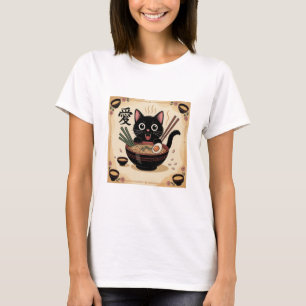 Black Cat Eating Ramen, Cute Kawaii Noodle Bowl T-Shirt