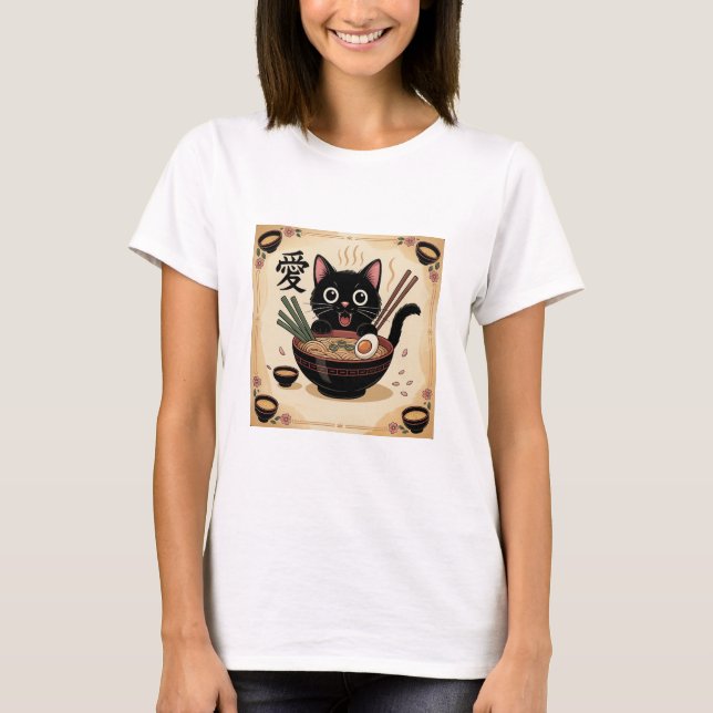 Black Cat Eating Ramen, Cute Kawaii Noodle Bowl T-Shirt (Front)