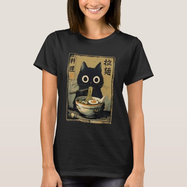 Black Cat Eating Ramen Japanese Food Noodle Kitten T-Shirt (Front)