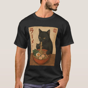 Black Cat Eating Ramen Japanese Style Funny Retro  T-Shirt