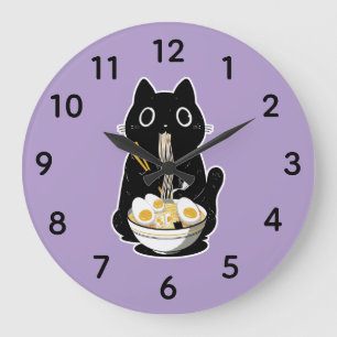 Black Cat Eating Ramen Large Clock