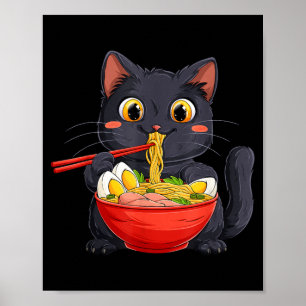 Black Cat Eating Ramen Noodle Kawaii Anime Style Poster