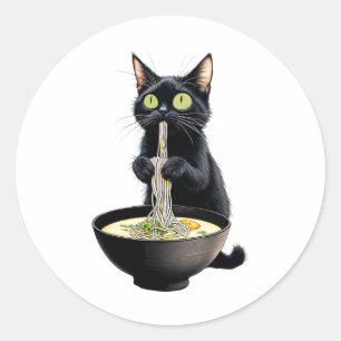Black Cat Eating Ramen Noodles Japanese Food  Classic Round Sticker
