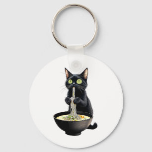 Black Cat Eating Ramen Noodles Japanese Food Key Ring