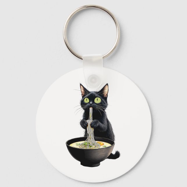 Black Cat Eating Ramen Noodles Japanese Food  Key Ring (Front)