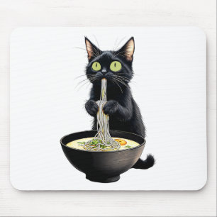 Black Cat Eating Ramen Noodles Japanese Food Mouse Mat