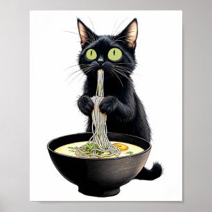 Black Cat Eating Ramen Noodles Japanese Food  Poster