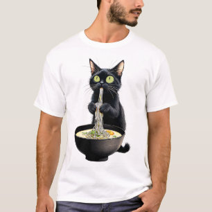Black Cat Eating Ramen Noodles Japanese Food  T-Shirt