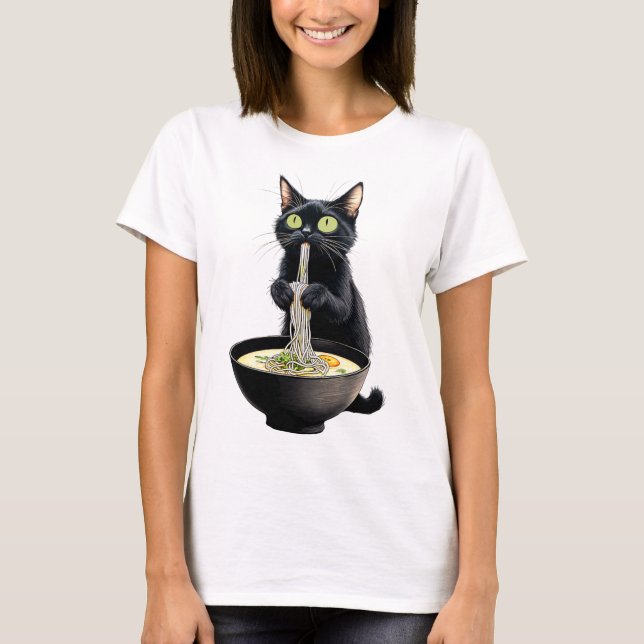 Black Cat Eating Ramen Noodles Japanese Food  T-Shirt (Front)