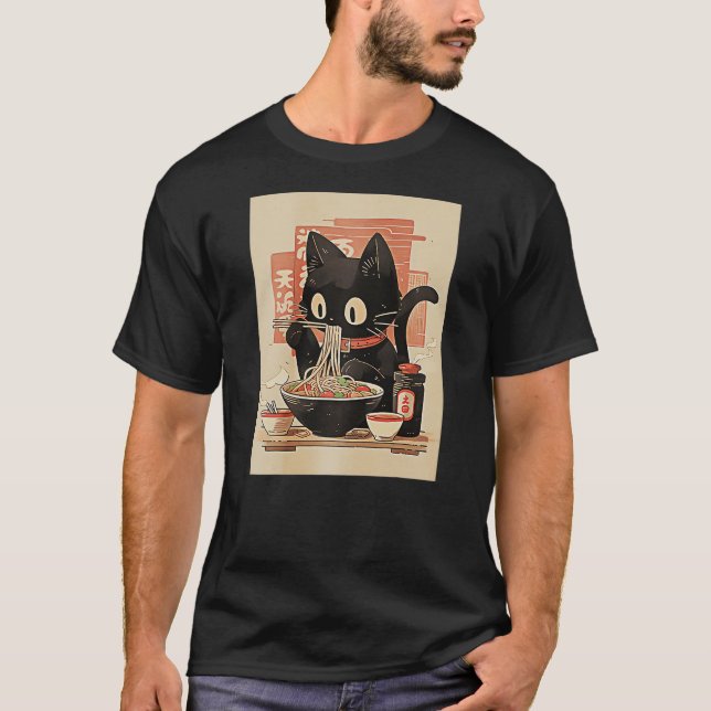 Black Cat Eating Ramen Noodles Tee (Front)
