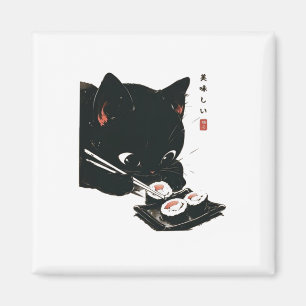 Black Cat Eating Sushi - Cat Japanese Art  Magnet