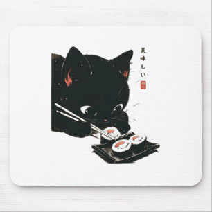 Black Cat Eating Sushi - Cat Japanese Art  Mouse Mat