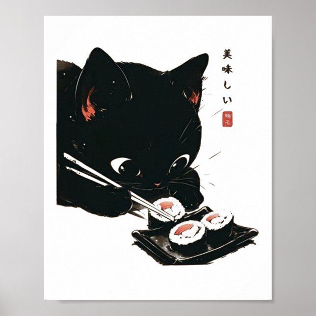 Black Cat Eating Sushi - Cat Japanese Art  Poster (Front)