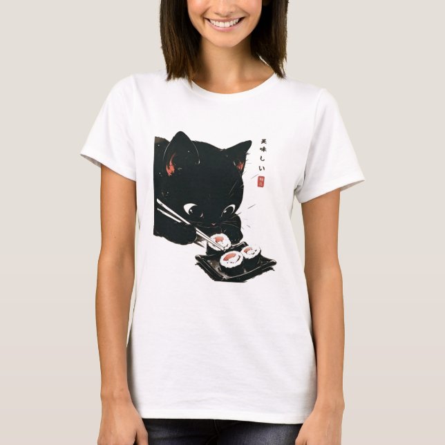 Black Cat Eating Sushi - Cat Japanese Art  T-Shirt (Front)