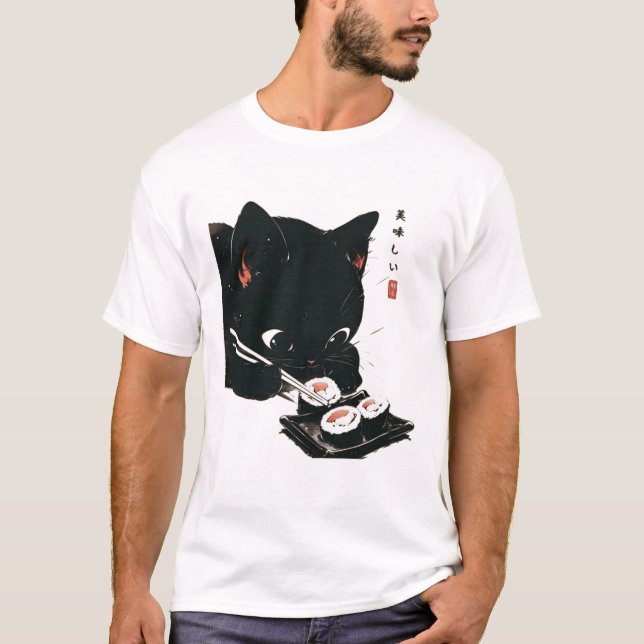 Black Cat Eating Sushi - Cat Japanese Art  T-Shirt (Front)
