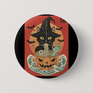 Black cat eats Japanese ramen for Halloween 6 Cm Round Badge