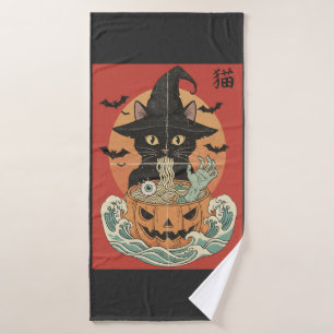 Black cat eats Japanese ramen for Halloween Bath Towel