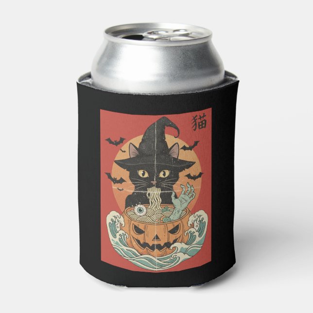 Black cat eats Japanese ramen for Halloween Can Cooler (Can Front)