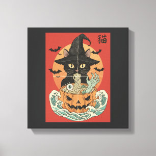 Black cat eats Japanese ramen for Halloween Canvas Print